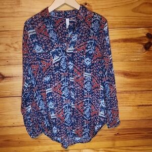 Pilcro Lightweight Long Sleeve Blue and Red Boho Print Button Down Shirt XS